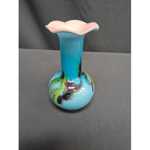 30 - Victorian cranberry glass ruffled bowl with applied decoration 14cm dia plus 2 Murano glass vases