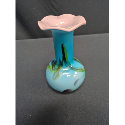 30 - Victorian cranberry glass ruffled bowl with applied decoration 14cm dia plus 2 Murano glass vases