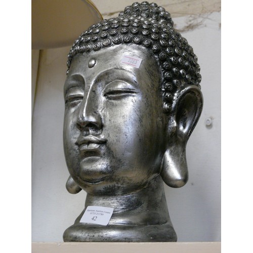 42 - SILVER COLOURED BUDDHA HEAD SCULPTURE.