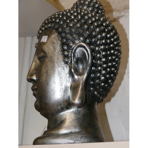 42 - SILVER COLOURED BUDDHA HEAD SCULPTURE.