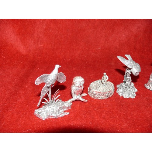 5 - COLLECTION OF PEWTER BIRD ORNAMENTS AND 2X TRINKET BOXES, ONE WITH A COTTAGE, ONE WITH A FISHERMAN.