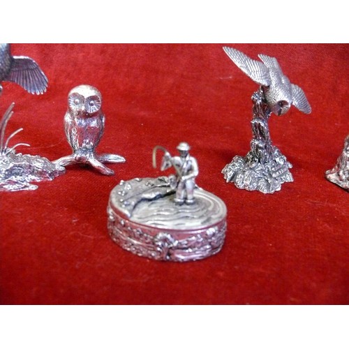 5 - COLLECTION OF PEWTER BIRD ORNAMENTS AND 2X TRINKET BOXES, ONE WITH A COTTAGE, ONE WITH A FISHERMAN.