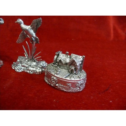 5 - COLLECTION OF PEWTER BIRD ORNAMENTS AND 2X TRINKET BOXES, ONE WITH A COTTAGE, ONE WITH A FISHERMAN.