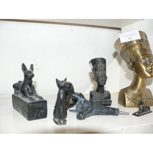 54 - COLLECTION OF CAST METAL AND RESIN EGYPTIAN DIETY FIGURES, INCLUDING BRASS NEFERTITI, ANUBIS ETC.
