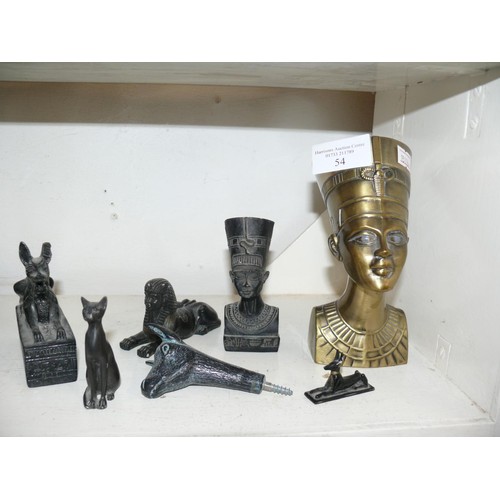 54 - COLLECTION OF CAST METAL AND RESIN EGYPTIAN DIETY FIGURES, INCLUDING BRASS NEFERTITI, ANUBIS ETC.