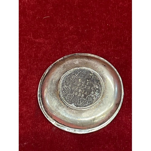 14 - One Rupee silver Indian coin 1890 set into a silver metal dish- marks rubbed on the dish - 6cm dia