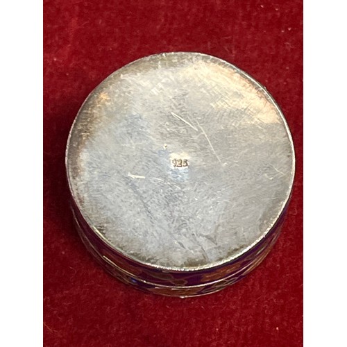 15 - Very pretty Sterling silver pill box with enamel peacock design and green enamel interior. marked 92... 