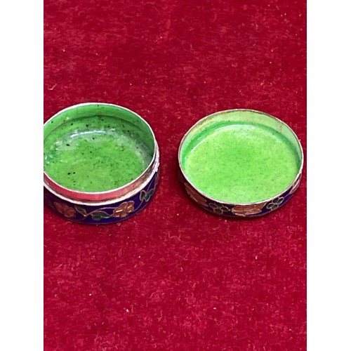 15 - Very pretty Sterling silver pill box with enamel peacock design and green enamel interior. marked 92... 