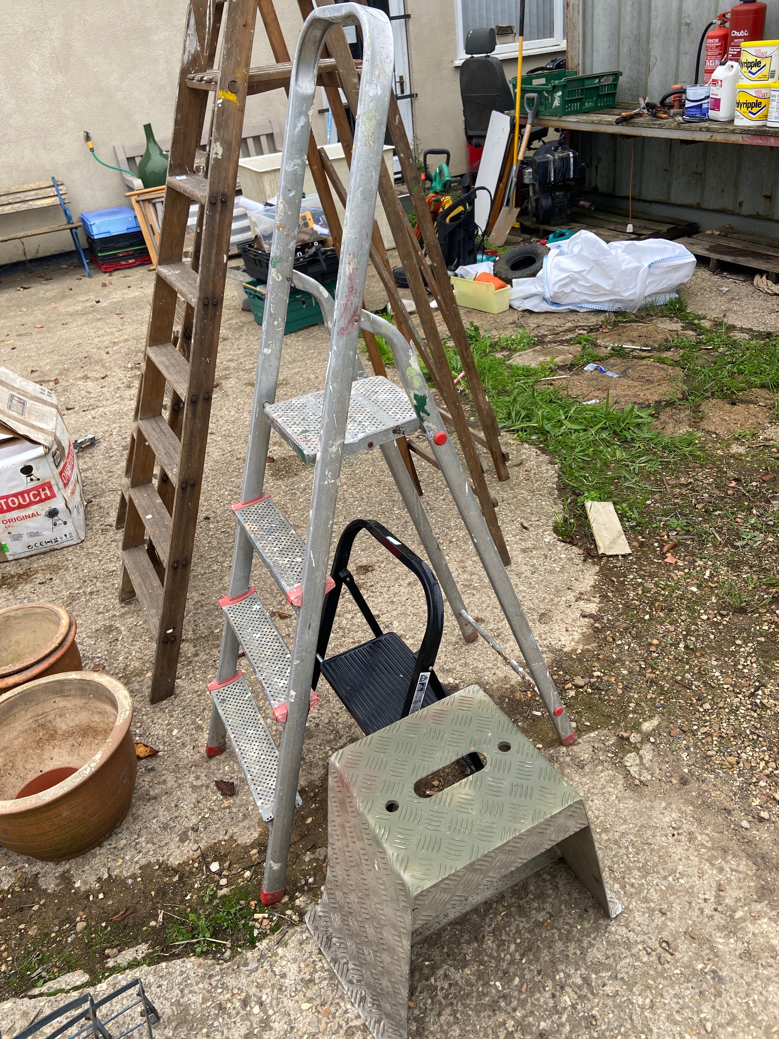 Aluminium folding step ladder, black metal folding step and chequer ...