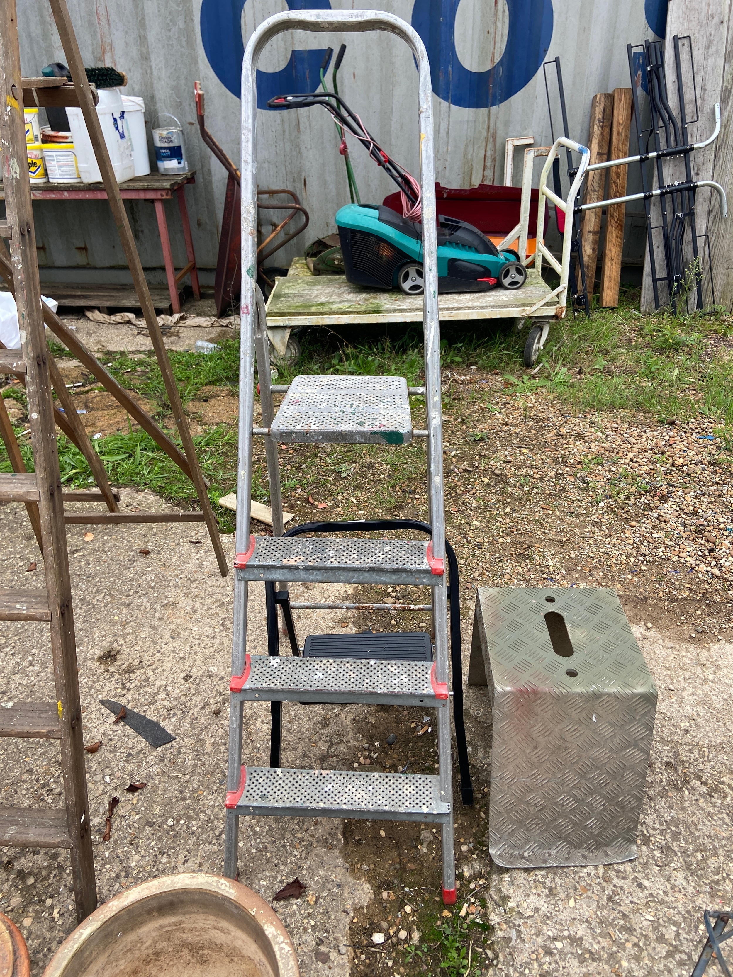 Aluminium folding step ladder, black metal folding step and chequer ...