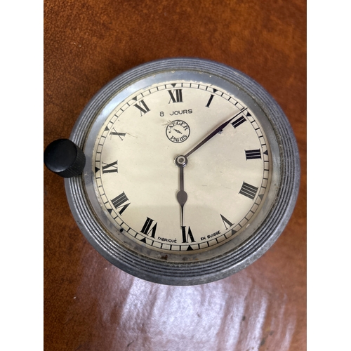 110 - A circa 1930 Jaeger of Paris classic car clock with Swiss movement. Winding button is loose. 9 dia