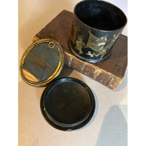 103 - A 19th Century papier mache powder box decorated with a Chinoiserie design and also an antique ormol... 