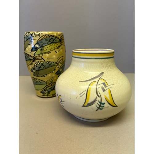 6 - 1930’s Poole Pottery vase in Art Deco style, shape 424, with painters monograms. 15cm (with crazing ... 