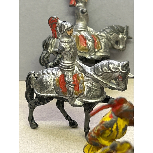 126 - Vintage lead toy figures in play worn condition including Britains American Indians, Hill & Co Knigh... 