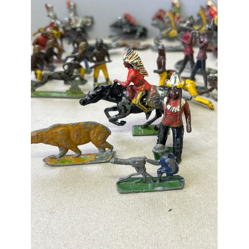 126 - Vintage lead toy figures in play worn condition including Britains American Indians, Hill & Co Knigh... 