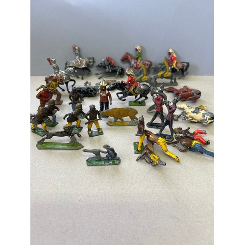126 - Vintage lead toy figures in play worn condition including Britains American Indians, Hill & Co Knigh... 