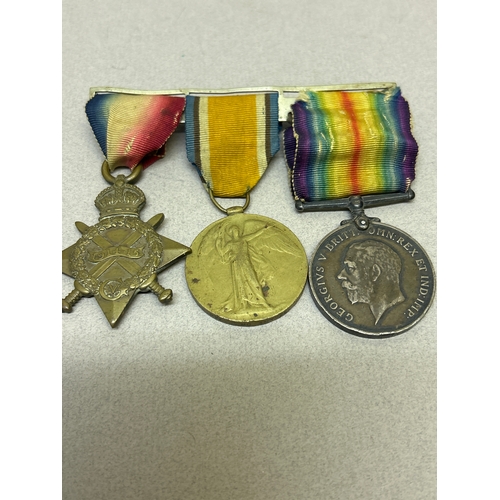 134 - WW1 medal group of 3 including Mons Star 1914-15, War medal and Victory medal awarded to Pte J Mc In... 