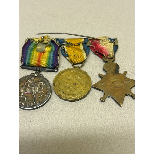 134 - WW1 medal group of 3 including Mons Star 1914-15, War medal and Victory medal awarded to Pte J Mc In... 