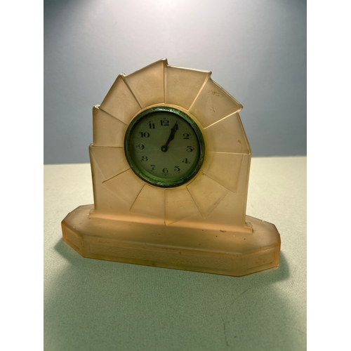 108 - An Art Deco frosted pink Bagley glass alarm clock, marked “British Glass”