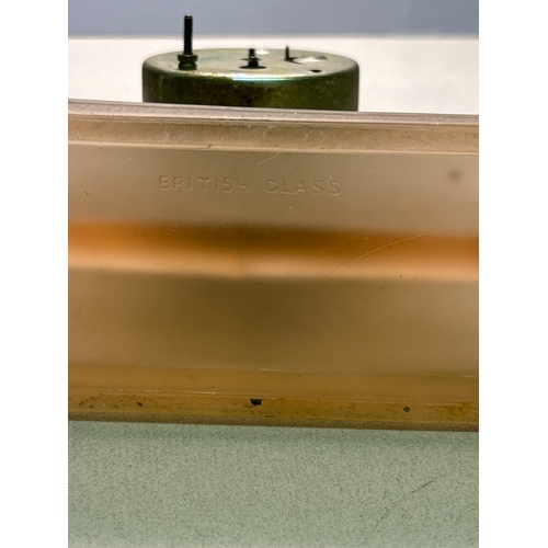 108 - An Art Deco frosted pink Bagley glass alarm clock, marked “British Glass”