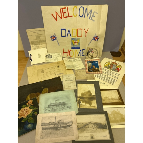 218 - An interesting & eclectic selection of mixed ephemera & naive artwork from a local family. Includes ... 