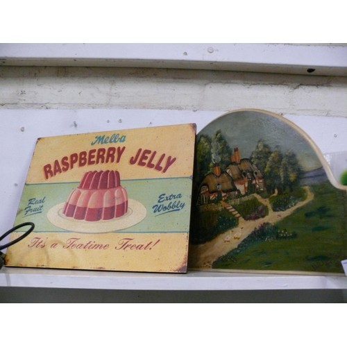72 - 3 signs on wood, one is hand painted a Thatched cottage.one print of Fresh Eggs and the other Melba ... 