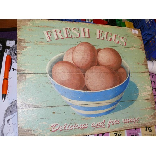 72 - 3 signs on wood, one is hand painted a Thatched cottage.one print of Fresh Eggs and the other Melba ... 