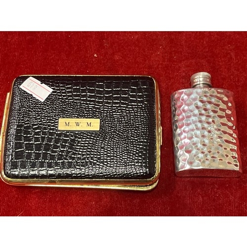 32 - A MINI HIP FLASK  PLUS A CHEROOT CASE WITH A LIGHTER INSIDE