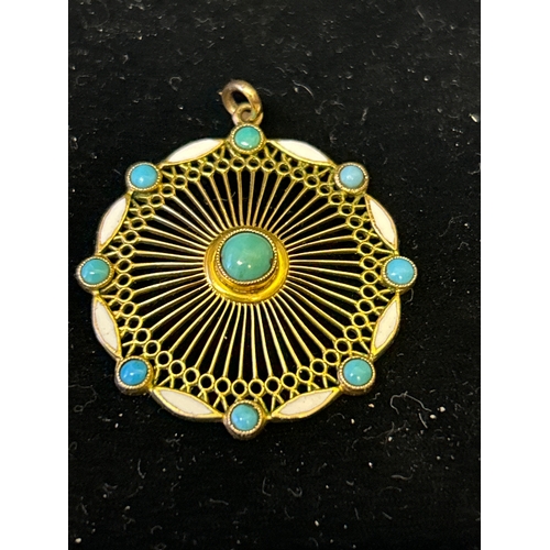 115 - A very fine vintage 9ct gold pendant in rose & yellow gold with turquoise cabochons and white enamel... 