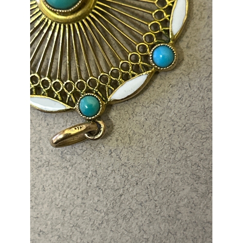 115 - A very fine vintage 9ct gold pendant in rose & yellow gold with turquoise cabochons and white enamel... 