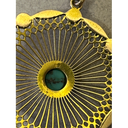 115 - A very fine vintage 9ct gold pendant in rose & yellow gold with turquoise cabochons and white enamel... 