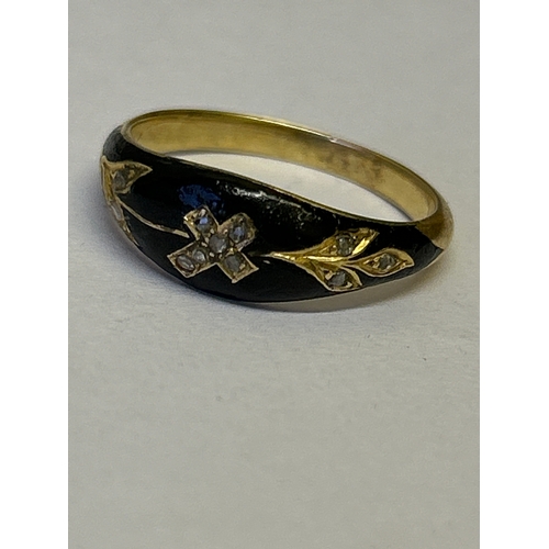 146 - A Victorian gold (likely 18ct) & black enamel  mourning ring set with 6 diamonds in a central cross,... 