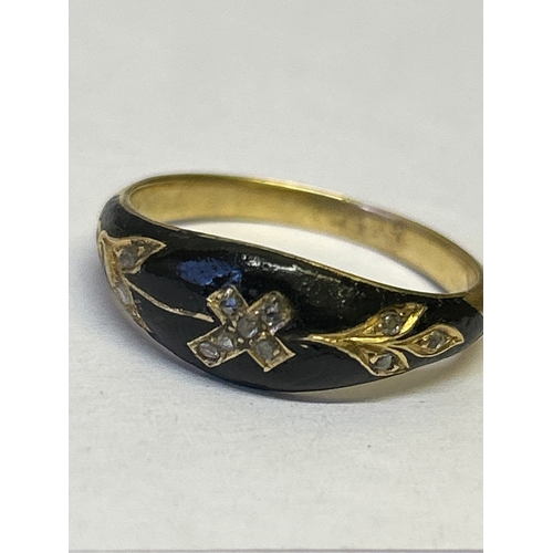 146 - A Victorian gold (likely 18ct) & black enamel  mourning ring set with 6 diamonds in a central cross,... 