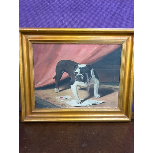 225 - An early 20th Century oil painting on canvas of a bulldog standing on a treaty. The painting most pr... 