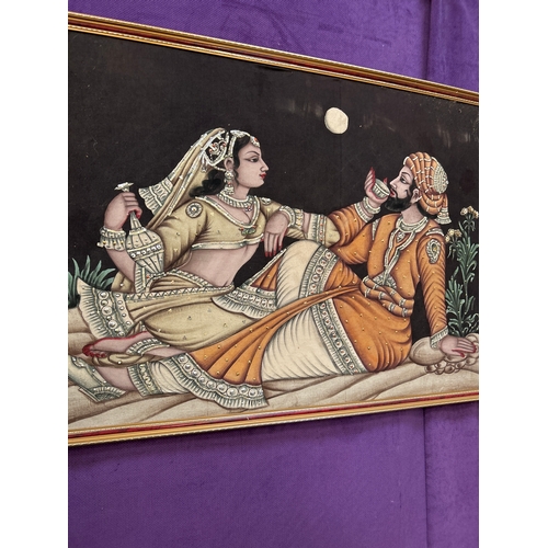 232 - A very large Indian painting on fabric embellished with sequins and depicting a scene from the Rubai... 