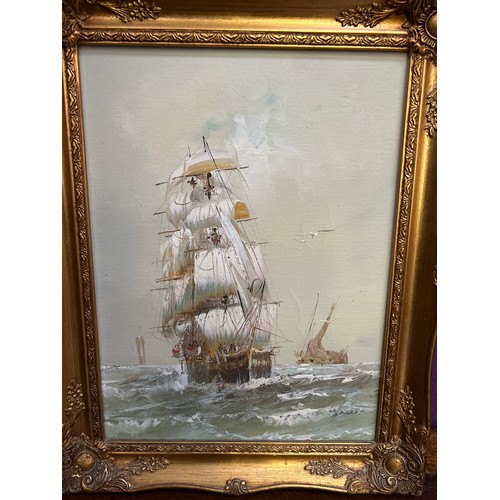 241 - Late 20th Century oil painting on canvas of a ship at sea, signed by the artist “Vases”. 48cm x 40cm