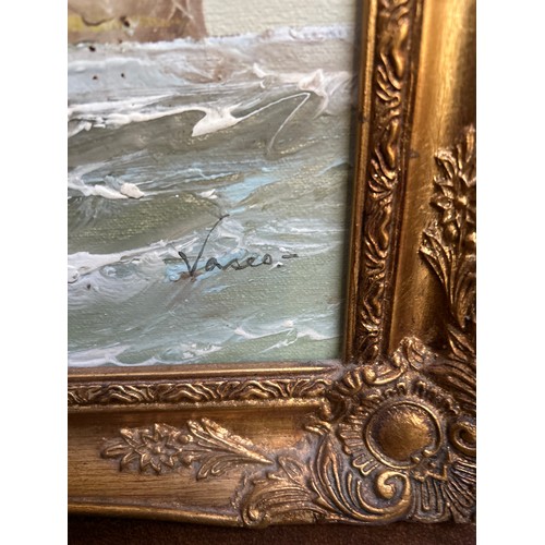 241 - Late 20th Century oil painting on canvas of a ship at sea, signed by the artist “Vases”. 48cm x 40cm