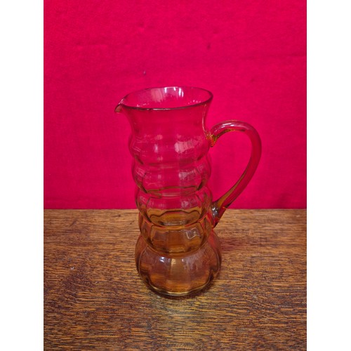 350 - Rose pink depression glass lemonade set, with 5x banded glasses and matching pitcher with ground pon... 