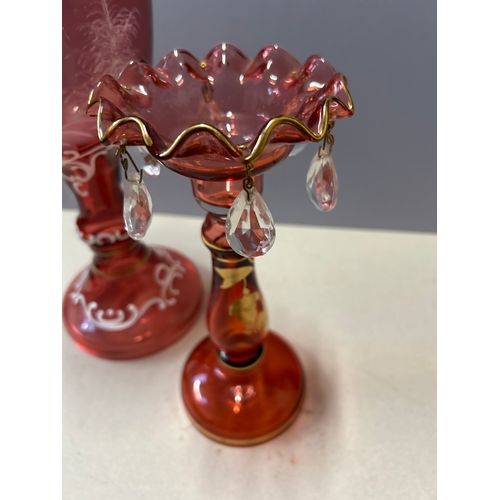 147 - A Victorian style Cranberry Glass decorative vase with Mary Gregory type enamel decoration of a boy ... 