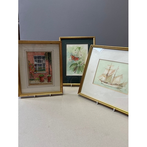 220 - Three original watercolours including a yacht “Sultan of the Maldives” by Pat Jobson, Butterfly on B... 