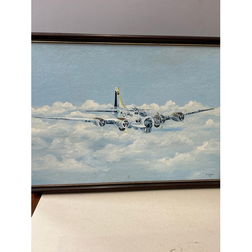 224 - An original acrylic on canvas of an American B17 Flying Fortress plane flying above the clouds - Sig... 