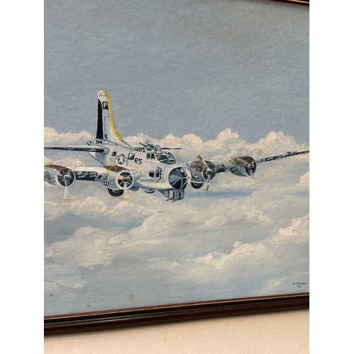 224 - An original acrylic on canvas of an American B17 Flying Fortress plane flying above the clouds - Sig... 