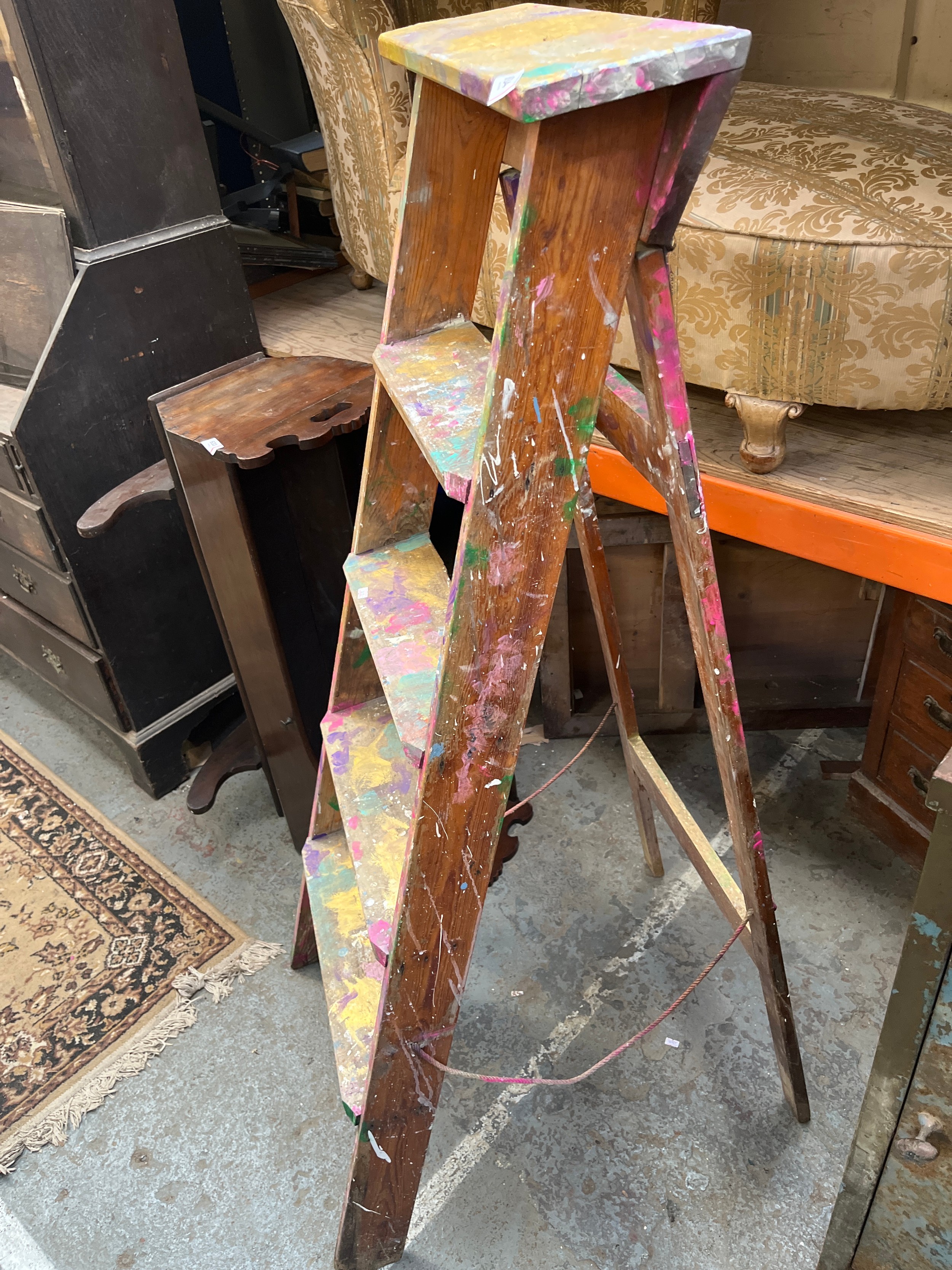Vintage wooden decorators step ladder, with attractive multi coloured ...