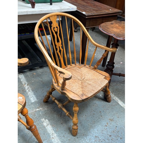 648 - Pair of Victorian Blonde Ash Windsor chairs, with hooped stick backs, central fret cut splats and ru... 