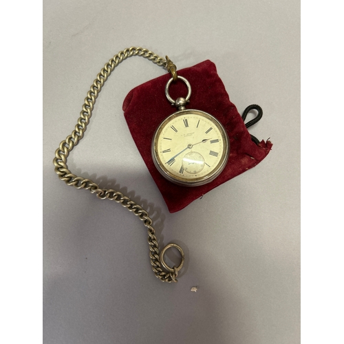 87B - Silver hallmarked J W Benson Ludgate Hill pocket watch hallmarked London 1886 with white metal chain