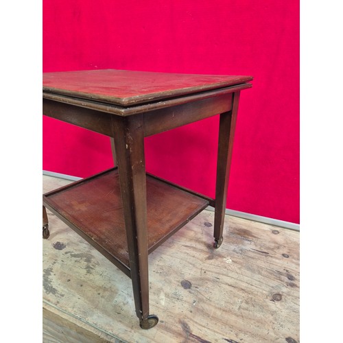 635 - Flip top card table trolley, with a baize lined mahogany top affixed to a vintage hostess style trol... 