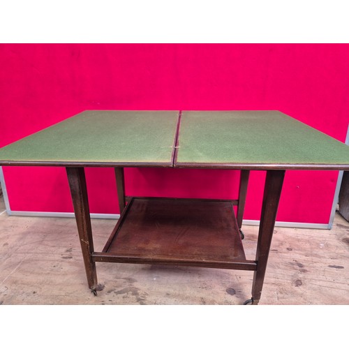 635 - Flip top card table trolley, with a baize lined mahogany top affixed to a vintage hostess style trol... 