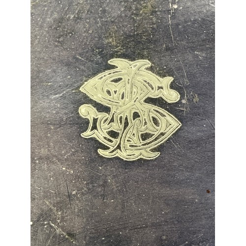 467 - Large oval 19thC silver plated serving tray, with a gadrooned  edge and handles, engraved with a sty... 