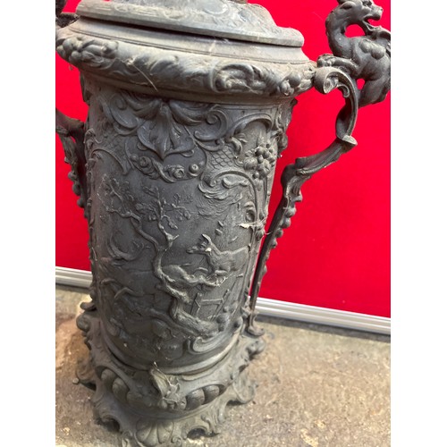 460 - Victorian Zimmermann & Co. Duplex oil lamp, with an unusual cast spelter body decorated with deep re... 