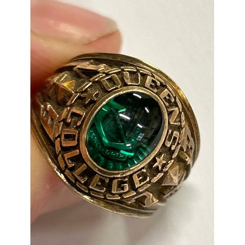 97 - A rare American “Balfour” ring, in 10K gold with green cabochon crystal and crest for Queens College... 